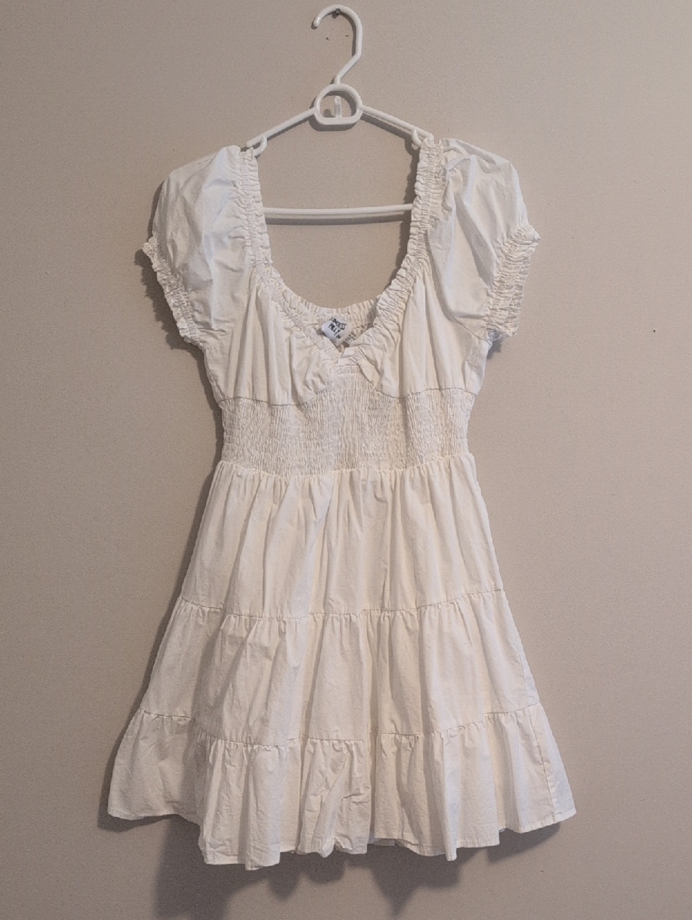 Smocked White Short Sleeve Tiered Mini Dress